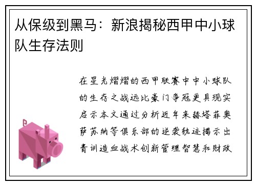 从保级到黑马：新浪揭秘西甲中小球队生存法则